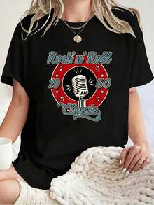 Camiseta Unisex 100% Algodón Estilo Rockabilly de los Años 50, Sock Hop Swing Greaser Rocker - Camisetas Gráficas 100% Algodón para Mujer, Ropa de Verano - Negro - Ver 1