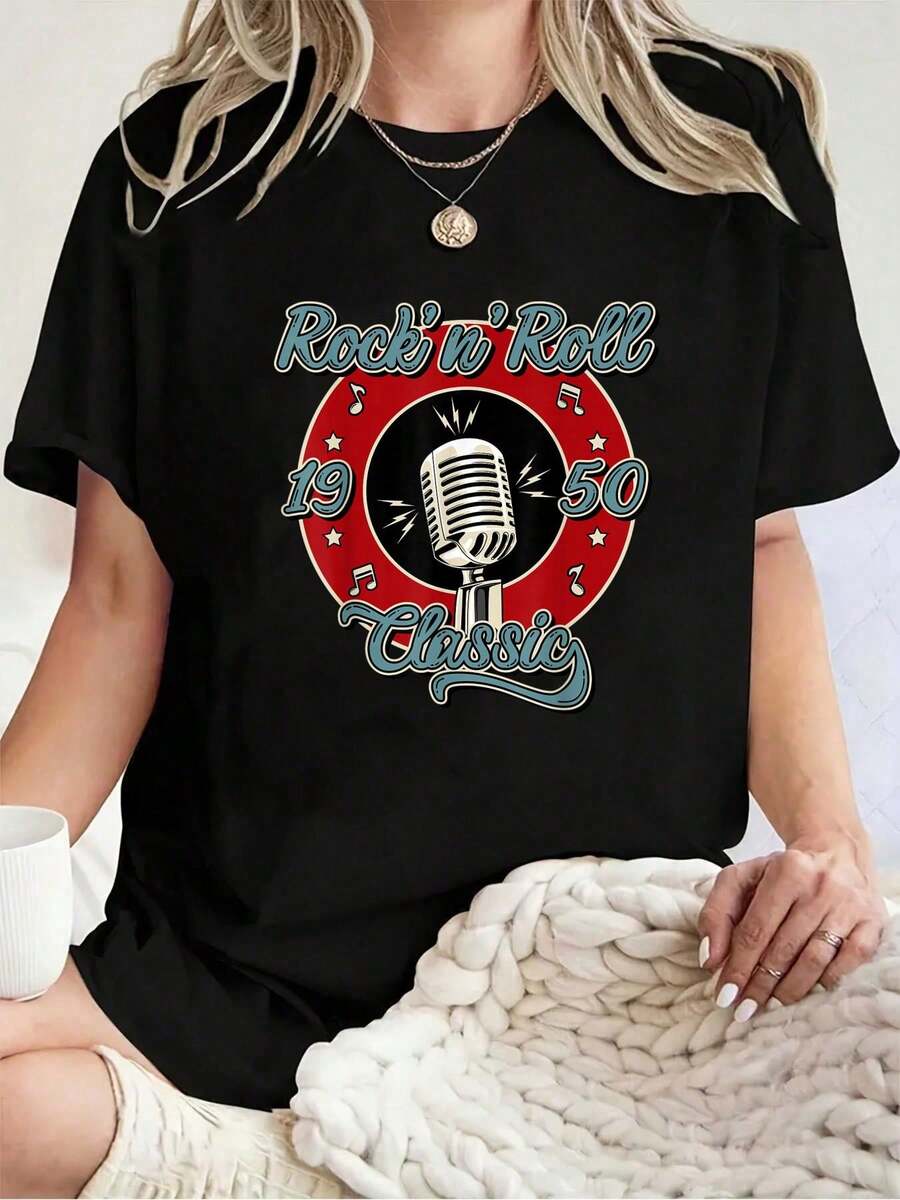 Camiseta Unisex 100% Algodón Estilo Rockabilly de los Años 50, Sock Hop Swing Greaser Rocker - Camisetas Gráficas 100% Algodón para Mujer, Ropa de Verano - Negro - Ver 1
