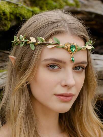 1pc Spring Floral Wreath Headband, Gold & Green Crystal Handmade Fairy Headpiece, Suitable For Bride, Bridesmaid, Garden Wedding Photo Shoot