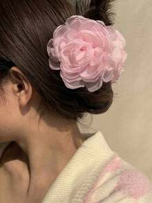 1pc 10cm Solid Color Large Mesh Rose Flower Hair Clip, Sweet & Elegant For School, Party, Wedding, Vacation Outfits Summer Hair Accessories Beach Claw Clips Vacay Hair Claws,Holiday,Travel - Beige - View 3