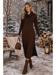 Midi Dress With A Cowl Neck, Long Sleeves, Side Slits, Knit Fabric. - Rust Brown - View 3