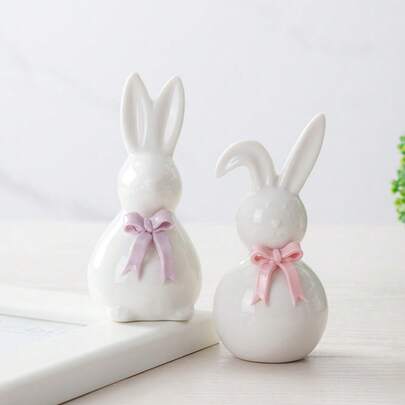 1pc 11.43cm Ceramic Easter Bunny Figurine | White Porcelain Rabbit With Colorful Bow Tie, Handmade Modern Art Sculpture | Suitable For Spring Easter Party, Home Desk, Entryway And Bookshelf Decor