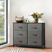 Sweetcrispy Dresser Bedroom 6 Drawers Wide Fabric Storage Units Chest Of Drawers Bedroom With Metal Frame And Wooden Top TV - 灰色 - 查看 3