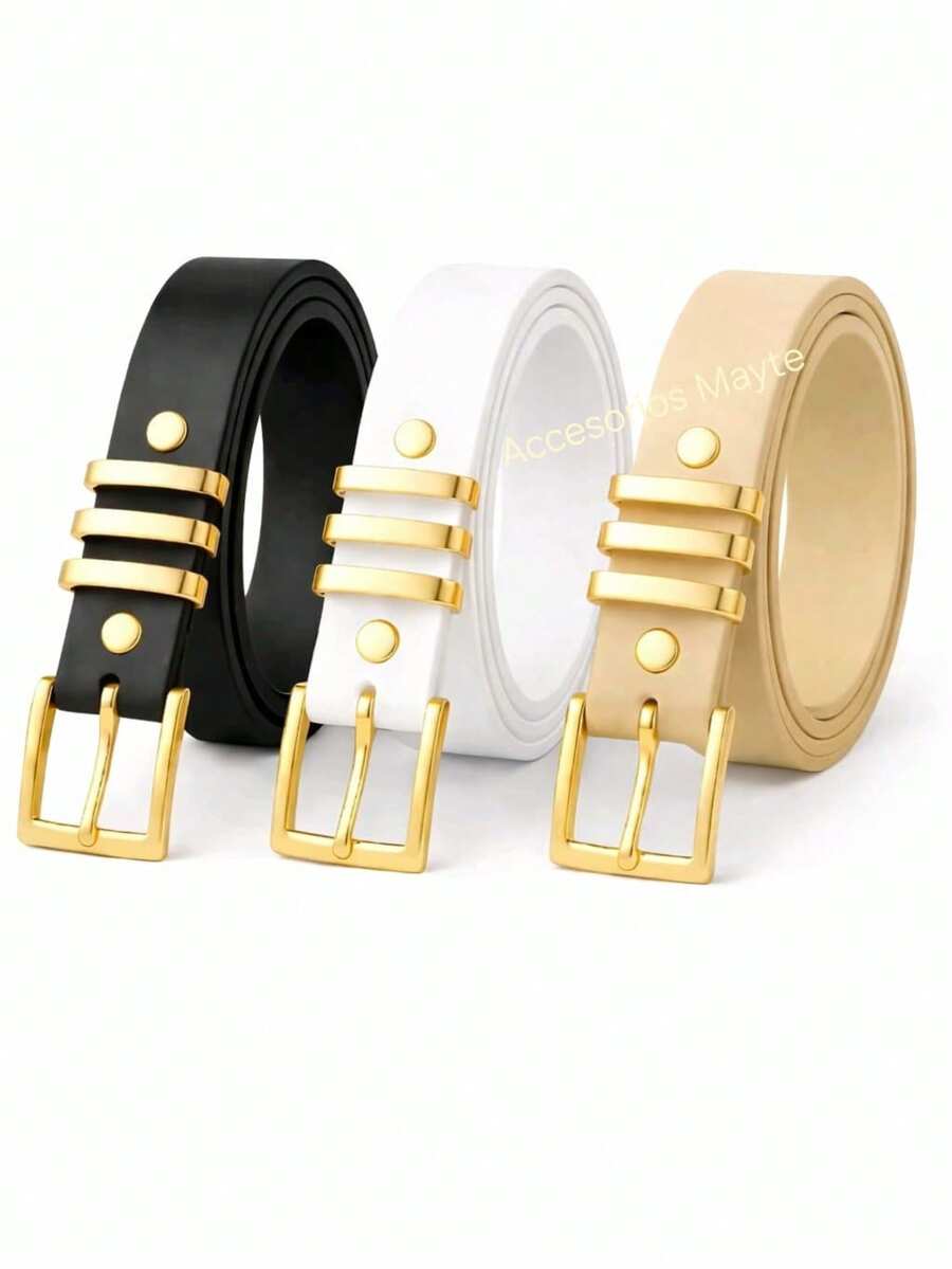 Set Of 3 Women's Belts With Square Buckle, Plus Size - negro, blanco, beige - Ver 1
