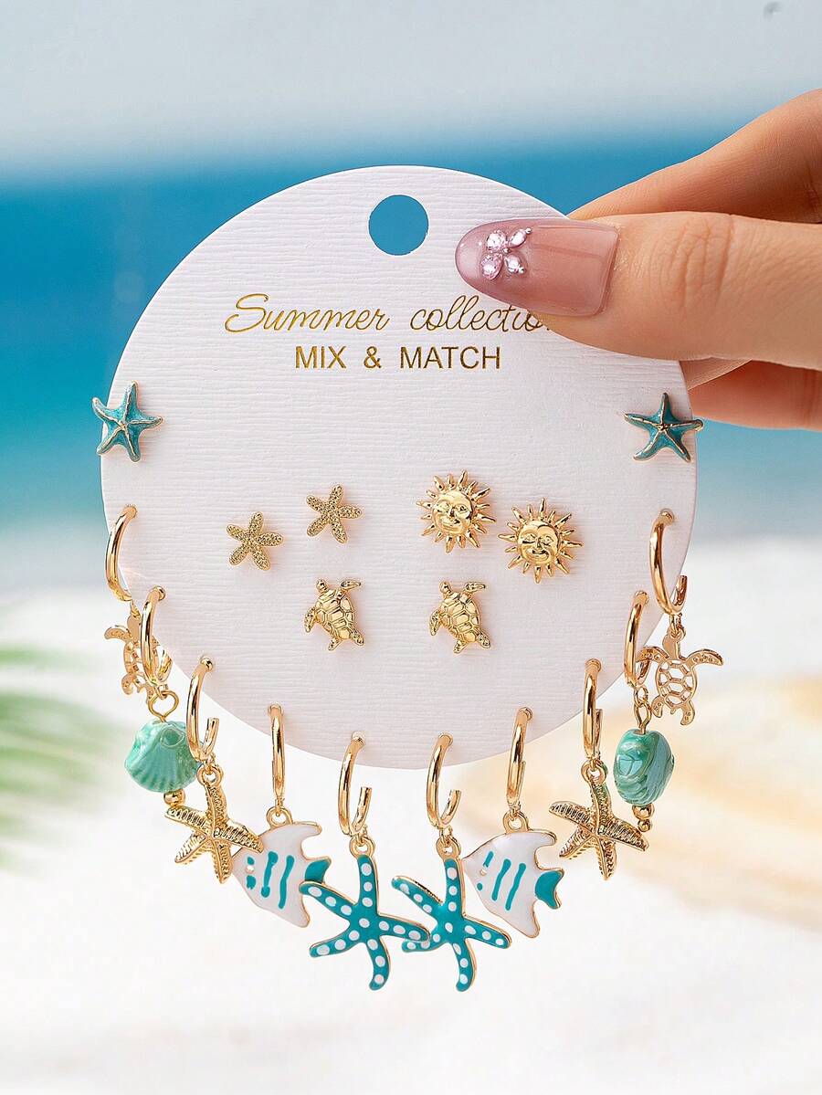 18pcs Gold Sea Turtle & Starfish Dangle Earring Set - Gold Starfish & Sea Turtle Sun Stud Earrings - Minimalist Hoop Earrings In Ocean Theme - Summer Beach Boho Jewelry - Daily Wear Gift For Women - Gold-plated Starfish Stud Earrings - View 1