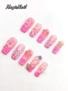 10 Pieces Of Pure Hand-Pressed Wearable Nail, 33mm Long Coffin-Shaped Nail, Pink Hydrated Nail, Pink Nail, Three-Dimensional Raised Pink Flower, Three-Dimensional Round Lollipop Jewelry, Three-Dimensional Butterfly Jewelry, Golden Diamond Magic Wand, Rhinestone Shape, 3D White Small Flower Line. Cute Nail Piece, Spring Nail Piece. - Multicolor - View 3