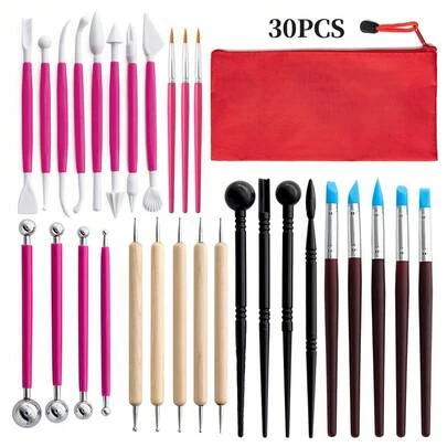 30pcs Ceramic Art Tools Set, Clay Sculpting Carving Handcraft DIY Modeling Dotting Pen Brushes