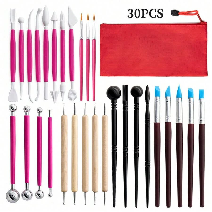 30pcs Ceramic Art Tools Set, Clay Sculpting Carving Handcraft DIY Modeling Dotting Pen Brushes - 30-piece Pottery Tool Set - View 1