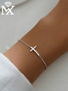 SYMFNY 1pc Niche Luxury 925 Silver Fashionable Curved Cross Bracelet, Suitable For Daily Commute, Dating And Outings - Silver - View 1