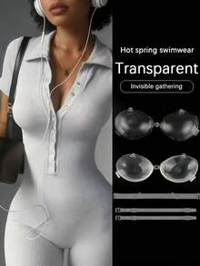 1 Pair New 3D Transparent Silicone Adhesive Bra With Detachable Clear Straps & Back Band, Push Up Invisible Sticky Bra For Swimwear, Wedding & Backless Dresses - Multicolor - View 2