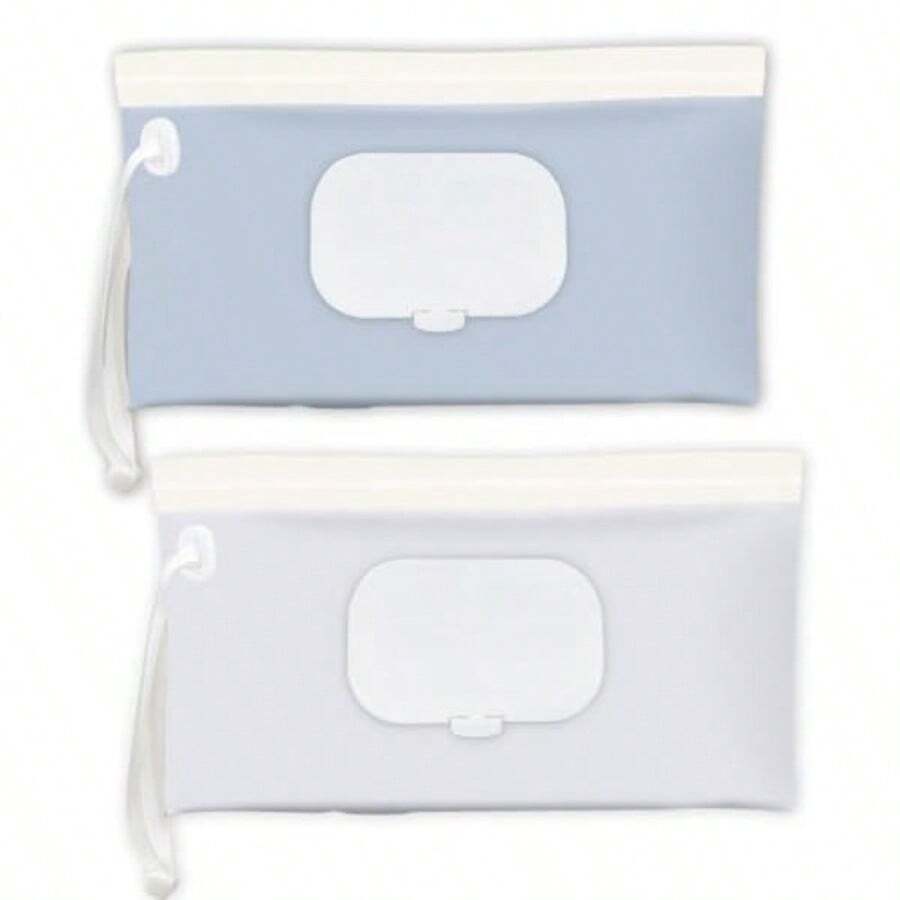 Baby Wipes Holder 2 Pack Reusable Wipes Pouch Travel Wipes Case Portable Wipe Dispenser For Diaper Bag Blue Beige - 如圖所示 - 查看 1