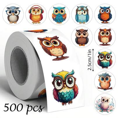 500张卡通猫头鹰涂鸦贴纸，1英寸圆形可爱动物贴纸，适用于信封、杂志、手机壳、水杯、头盔、剪贴簿和DIY装饰、派对礼品，PVC防水贴纸