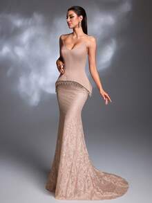 Đầm dạ hội/đám cưới thanh lịch kiểu retro, màu nude, cổ chữ V sâu, xếp ly peplum, đuôi cá, thắt dây, chất liệu ren tua rua, cổ đuôi cá. - Bụi hồng - Xem 6