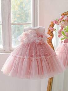 Young Girls Elegant Ruffle Mesh Floral Cake Dress, Suitable For School Dances, Birthday Parties - Pink - View 3