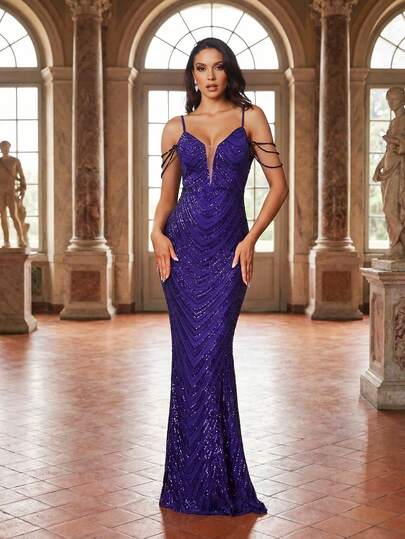 LOVE&LEMONADE Deep Purple Sequin Patchwork Deep V-Neck Spaghetti Strap Backless Handmade Beaded Long Party Evening Dress (Front Top Half, Back Random Floral Pattern, Not Matched Floral)
