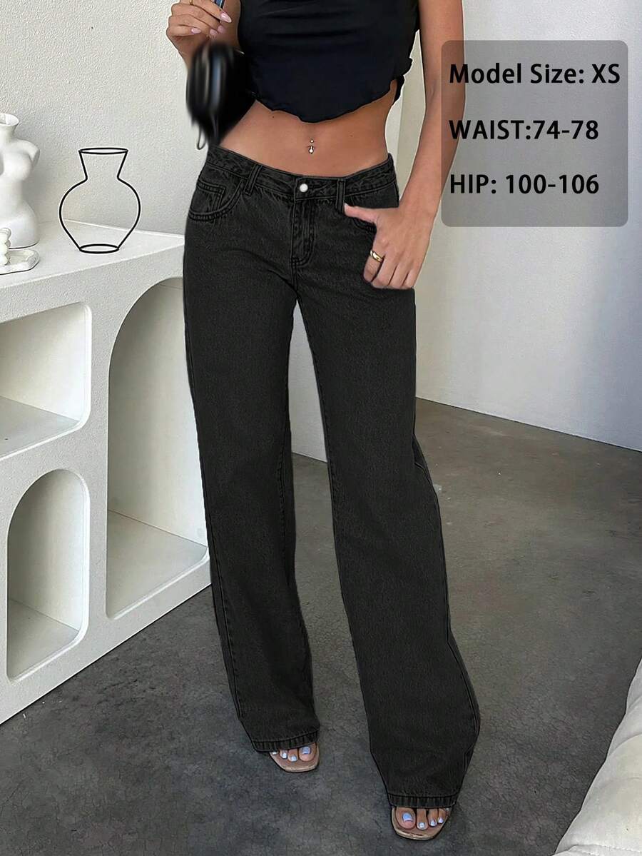 Nuevos jeans rectos de talle bajo de estilo casual y sencillo para uso diario, al estilo popular europeo y americano, color negro para primavera - Negro - Ver 1