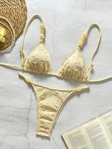 Bikinx Casual Cute Women's Bikini Set With Textured High Stretch Fabric Beaded Spaghetti Strap And High Cut Bottom Tie Back Details - Yellow - View 3