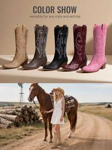 Athlefit Women's Embroidered Western Cowboy Boots Concert Boots Fashion Pointed Toe Chunky Heel Mid Calf Chic Cowgirl Boots - 黑色 - 查看 8