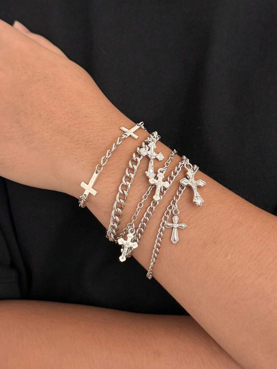 5件套哥特朋克风3D十字架吊坠链条金属手链套装，摇滚范儿，休闲简约，街头风，度假，派对，情侣时尚配饰礼品