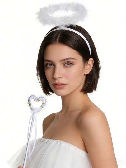 2pcs Angel Costume (Headband, Magic Wand), Elegant Angel Outfit, Angel Attire, Cosplay, Holiday Decoration Props