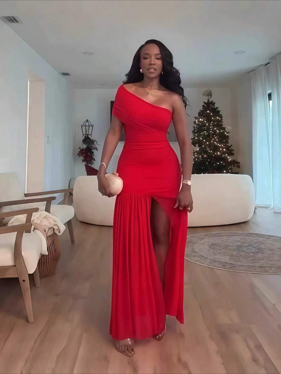Women's Spring 2026 New Solid Color Sleeveless Slanted Collar Pleated Slim Split Long Dress - 紅色 - 查看 1