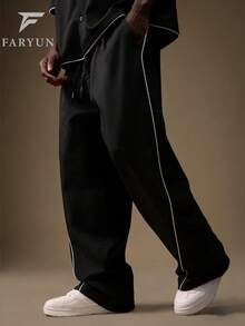 男士宽松阔腿裤，侧边撞色条纹，街头休闲裤 - 黑色 - 查看 4