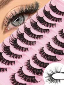10 Pairs Fox Eye Fluffy Soft Eyelashes Cat Eye Lashes Winged End Eye Elongated Eyelashes Natural Long Faux Mink Fake Lashes Suitable For Daily Commuting, Dates, Vacations, And Parties - 黑色 - 查看 2