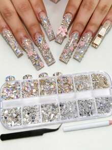 12 Grids Box Nail Rhinestones DY Gems With Tweezer And Nail Art Pen Nail Art Tool Set - Baby Pink - View 4