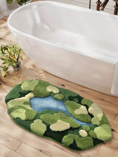 1件苔藓造型浴室地垫 - 防滑、吸水、可机洗、绿蓝景观设计、椭圆形，适合家居装饰、浴室地垫、可水洗绿色室内入口地垫、浴室配件