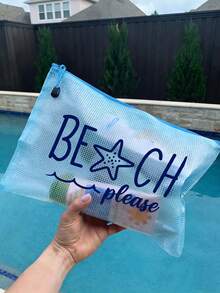 防水時尚海灘包，印有「Beach Please」海星圖案。大容量透明化妝包配尼龍拉鍊 - 輕量，適合春夏收納，完美適用於游泳、海灘、潛水和夏季度假、返校，輕量防曬收納包，適合朋友、家人、閨蜜、同學。生日、節日、派對、婚禮（伴娘）、教師節的完美禮物與紀念品，郵輪必備，夏季度假禮物 - 彩色 - 查看 5
