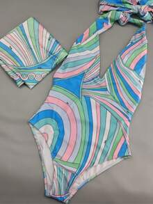 2026 New Retro Abstract Print Bikini Set Pink Black Color Block Tie-Up Beach Vacation Swimsuit - Red - View 5