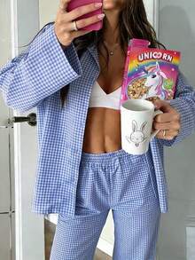 Nina Bonheur 2pcs Women Loose Comfortable Breathable Long Sleeve Top And Long Pants Pajama Set - Blue - View 2