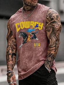 Men's Printed Vintage Washed Vest, Loose Fit, Casual Street Style, A Must-Have Item For Street Wear And The Gym. - 咖啡色 - 查看 1