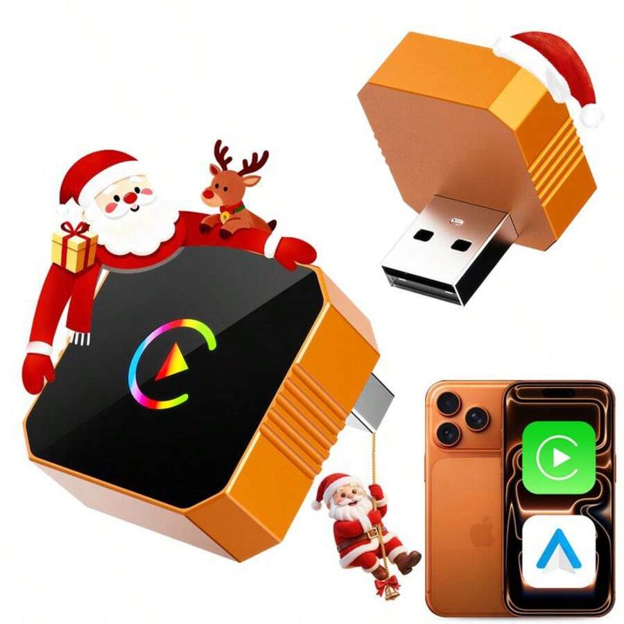 Adaptador inalámbrico CarPlay actualizado para iPhone y Android, Dongle CarPlay inalámbrico 2 en 1 Mini USB, Conexión rápida, WiFi de doble banda, Sin retraso, Plug & Play, Reconexión automática rápida - Naranja colorido - Ver 1