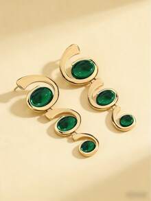 1 Pair Women's Luxury Green Rhinestone Earrings, European And American Style Metal Curved Earrings, Unique Long Dangle Earrings - Yellow Gold - View 4
