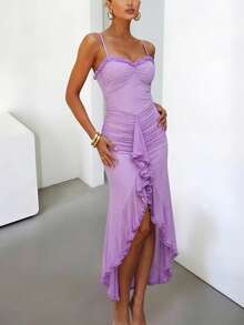 Vestido maxi irregular con tirantes de hombro estilo lechuga, sexy, para vacaciones en la playa, marca DOUCIU - Morado - Ver 2