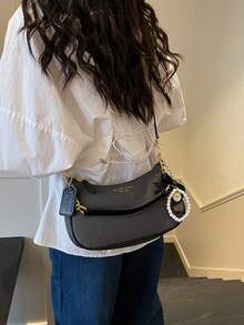 1 件女士纯色 PU 单肩包，多功能腋下包，适合工作通勤，可调节肩带斜挎包，饰有优雅蝴蝶结 - 黑色 - 查看 6