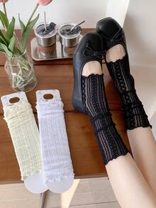 1/2/3双装白色过膝长筒袜，蕾丝袜，适合搭配高筒靴，春夏过膝长筒袜 - 彩色 - 查看 3