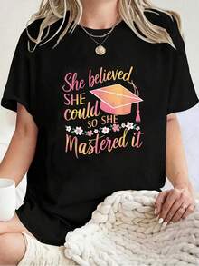 Camiseta Unisex 100% Algodón con Frase Divertida: "Ella Creía Que Podía, Así Que Lo Logró", Estilo Casual Holgado, Ropa Urbana, Top de Moda de Verano - Negro - Ver 6