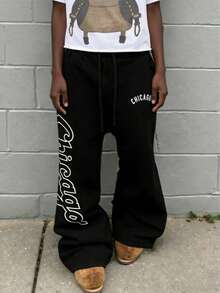 Men's Drawstring Design Printed Casual Pants, Comfortable Breathable Leisure Trousers - Black - View 10