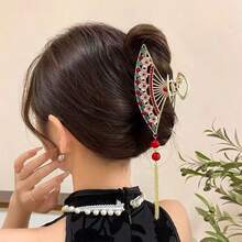 1 pieza Clip de pelo con abanico decorado con perlas y borlas de estilo vintage, elegante pinza de pelo para peinado de moño, adecuado para qipao, hanfu, uso diario, fiestas, fotografía, cumpleaños, San Valentín, Acción de Gracias, verano, vacaciones, viajes - Multicolor - Ver 8