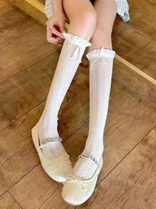 1 Pair Women's Lace Thigh High Socks, Ruffle Thigh High Socks, White Fishnet Stockings - Apricot - View 2