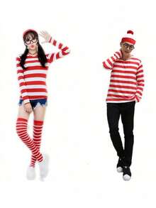 1 Set Where's Wally British Cartoon Cosplay Costume, Includes Shirt + Hat + Glasses (3pcs) - Red and White - View 11