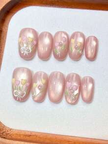 10er Set, handgemachte, verschleißfeste, weiche rosa Katzenauge Tulpen Nagel Sticker, handbemalte 3D Blumen Edelstein dekorierte Kunstnägel, zarte Puder Farbverlauf Maniküre Teile, einzigartiger Frühlingsstimmung Nagel Covers, vielseitig für Pendeln & Date, Braut & Brautjungfer sanfte Stilrichtung, Studenten tägliches frisches Design, abnehmbar & wiederverwendbar, nicht schädlich für natürliche Nägel, geeignet für Anfänger, Stil - Babypink - Übersicht 3