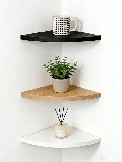 隐藏式弧形壁挂转角置物架，节省空间，是小户型公寓的理想之选。适用于客厅装饰和书籍、卧室护肤品、浴室洗漱用品、家庭办公室文具等。现代简约风格，圆润边角，提供黑色、原木色和白色三种颜色可选。坚固的支架确保安装牢固，最大限度地利用闲置的角落空间，同时为任何家居空间增添时尚的收纳美感。