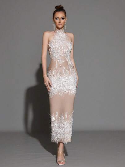 New Women's Light Luxury Heavy Industry Shiny Sequin Pearl Design Bandage Dress Sexy Stand Up Collar Sleeveless Slim Fit Back Slit Long Dress Elegant Women's Wedding, Holiday, Dinner Party Dress