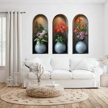 3pcs 3D Arched Flower Vase Wall Stickers, Removable Self-Adhesive Waterproof PVC Decals, Suitable For Sofa Backdrop, Office, Corridor, Entrance And Indoor Art Decoration - Arched Floral Wall Stickers - View 7