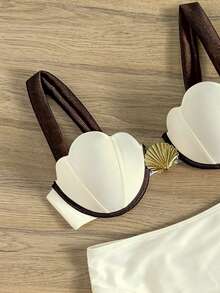 Bikinx Traje de baño de mujer con copas de concha, borde de parche y aros, elegante para vacaciones de verano - Beis - Ver 2