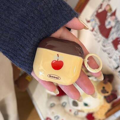 Cherry On Yellow Background + Circular Earphone Case Compatible With Apple Pro3/Pro2/AirPods4/AirPods3/AirPods2, Fashionable Women Earphone Case, Minimalist Earphone Case, Apple Earphone Case, Apple Earphone Cover