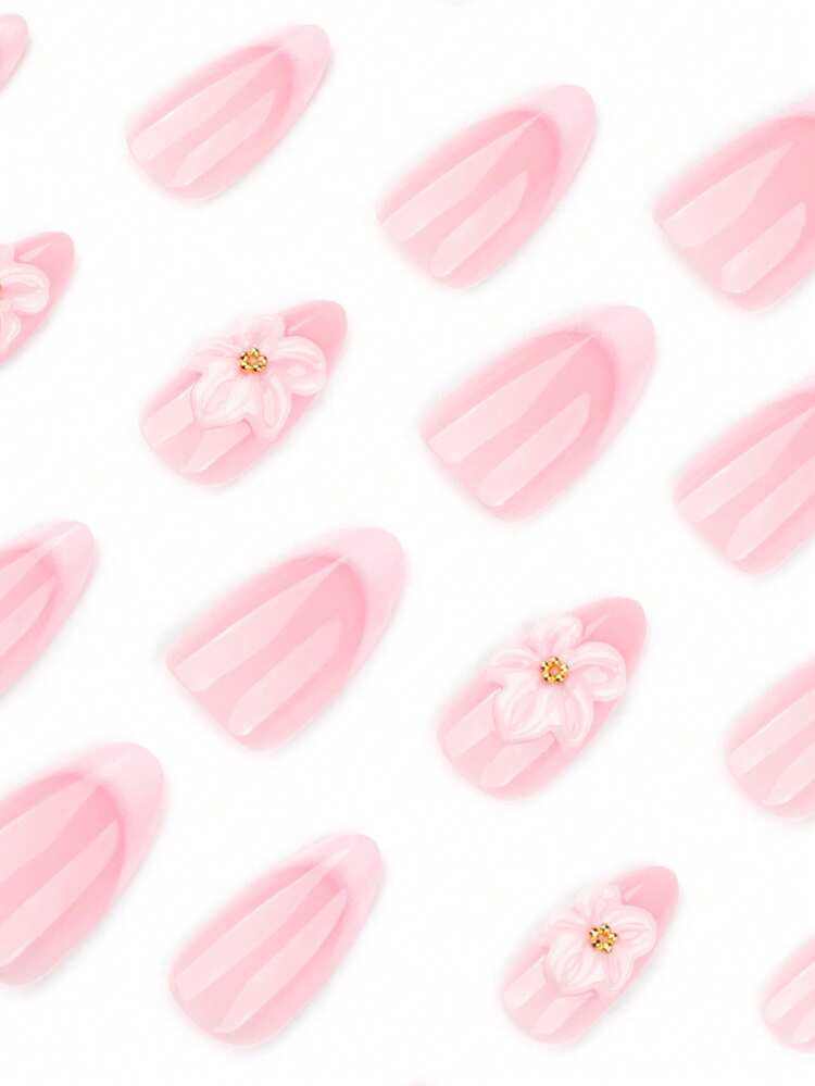 提升您的优雅气质，时尚假指甲，24片杏仁形美甲贴片，粉色指甲贴片（女生适用），1片果冻胶+1个指甲锉 - 彩色 - 查看 2